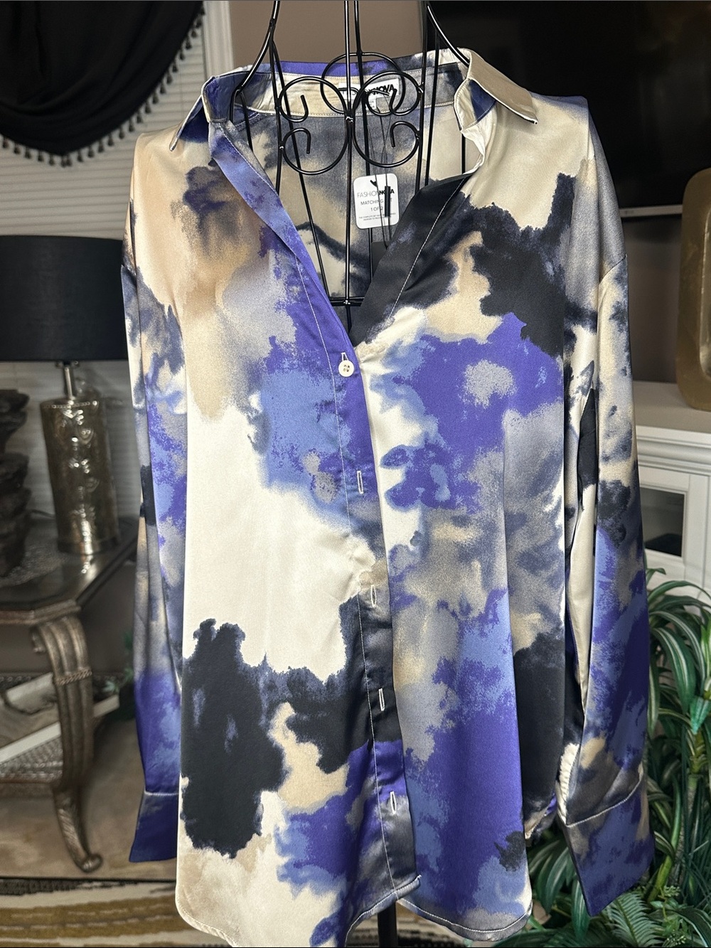 Fashion Nova Satin Button-Down Shirt in Purple, Cream & Black